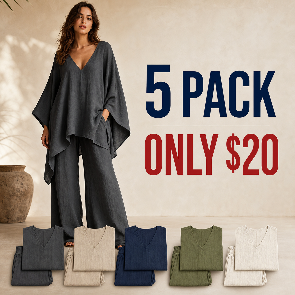 5 pack only 20 dollars women's loose V-neck two piece set