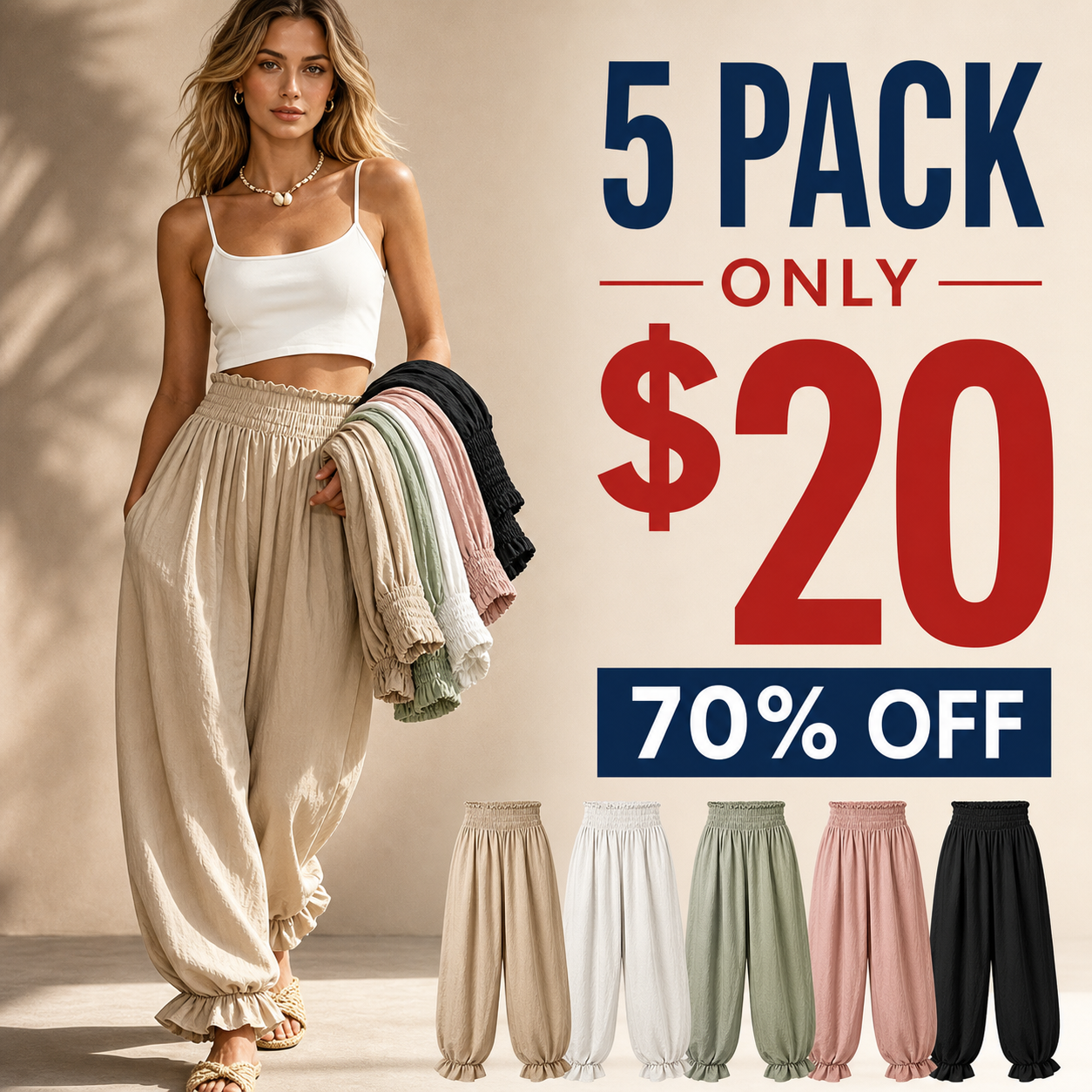 5 pack only 20 dollars women's smocked waist ruffle hem harem pants