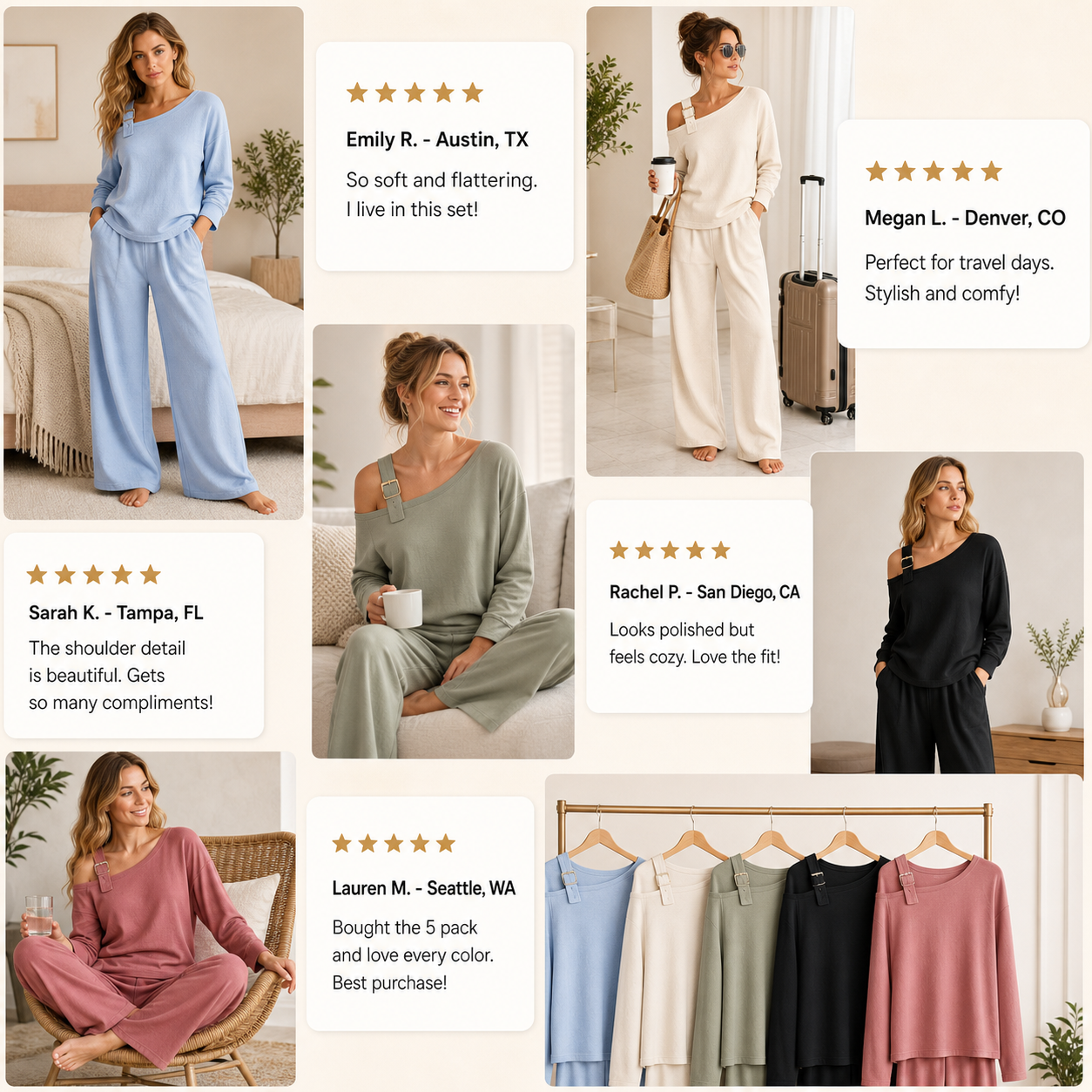 Customer review waterfall women's off shoulder buckle lounge set