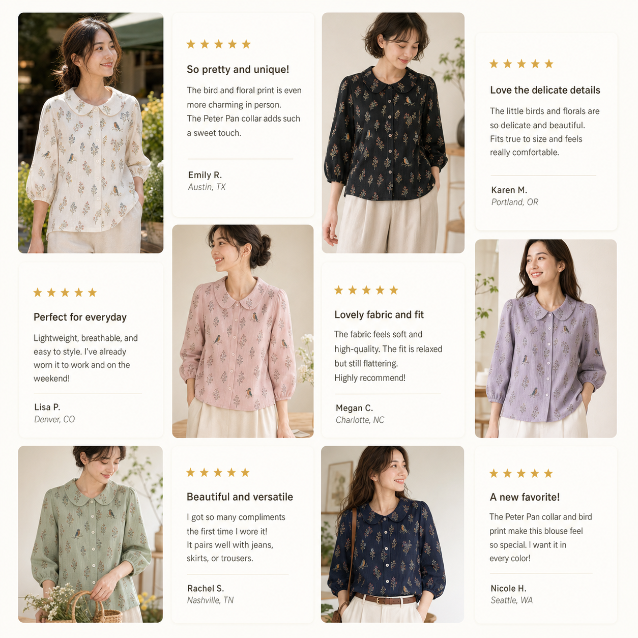 Customer review snapshot women's bird botanical collar blouse