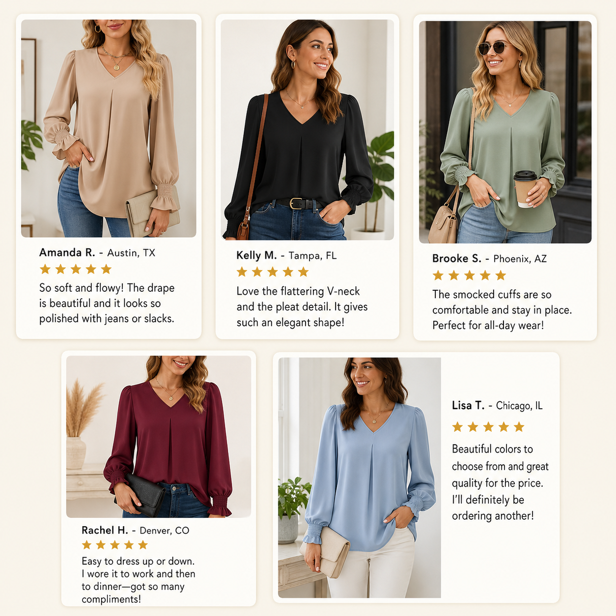 Customer review snapshot women's V-neck pleated sleeve blouse