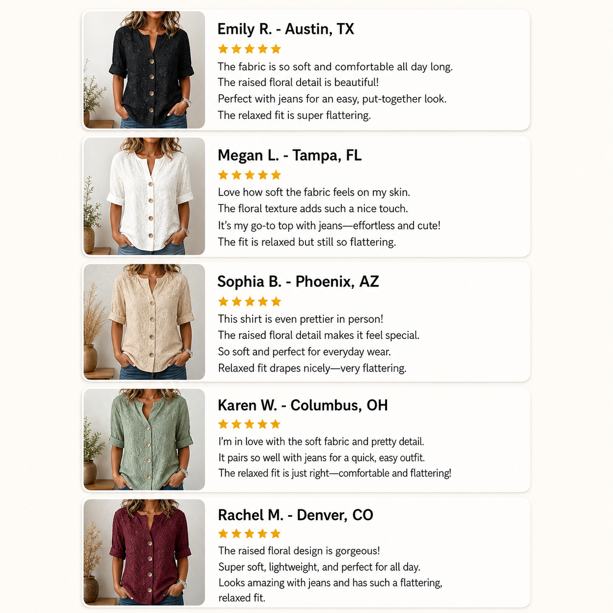 Customer review snapshot women's embossed floral button shirt