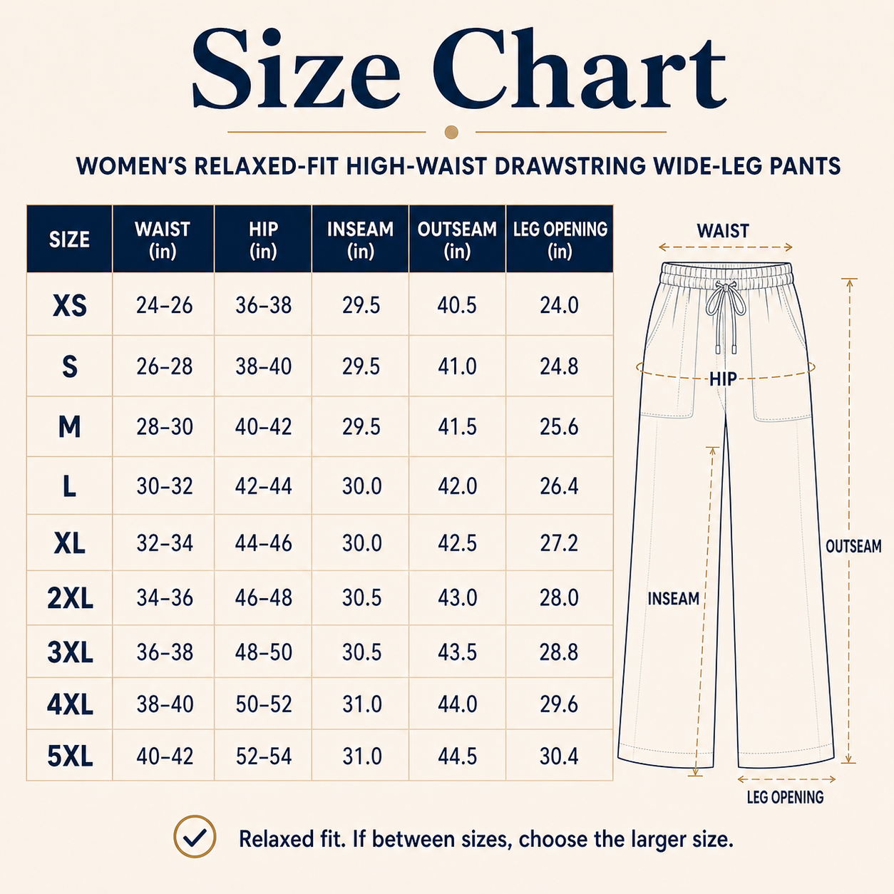 Women's drawstring wide-leg lounge pants size chart