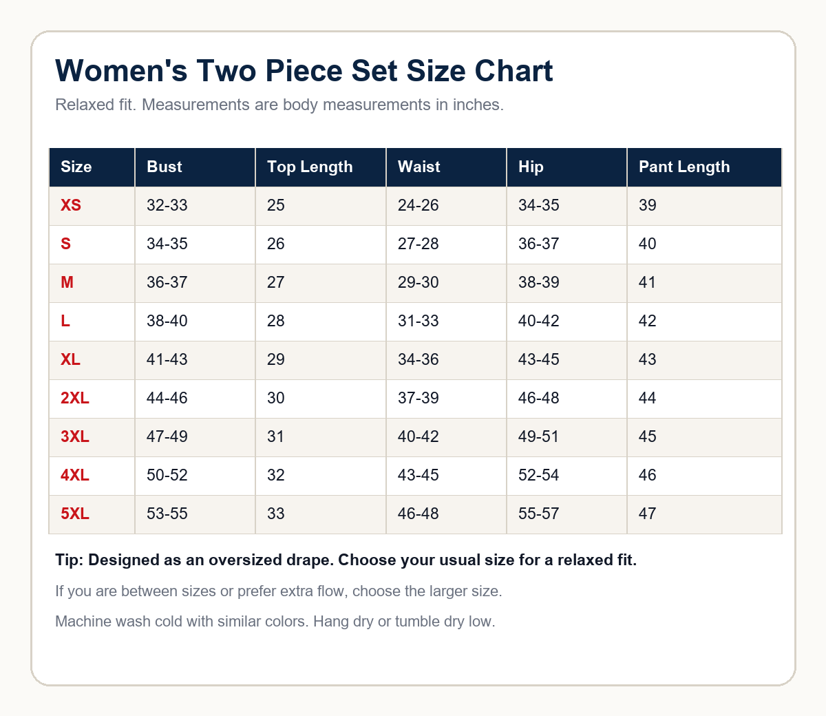 Women's loose V-neck two piece set size chart