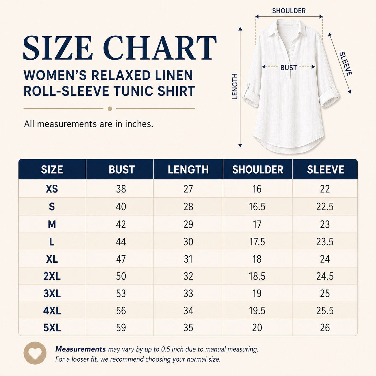 Women's linen roll-sleeve tunic shirt size chart