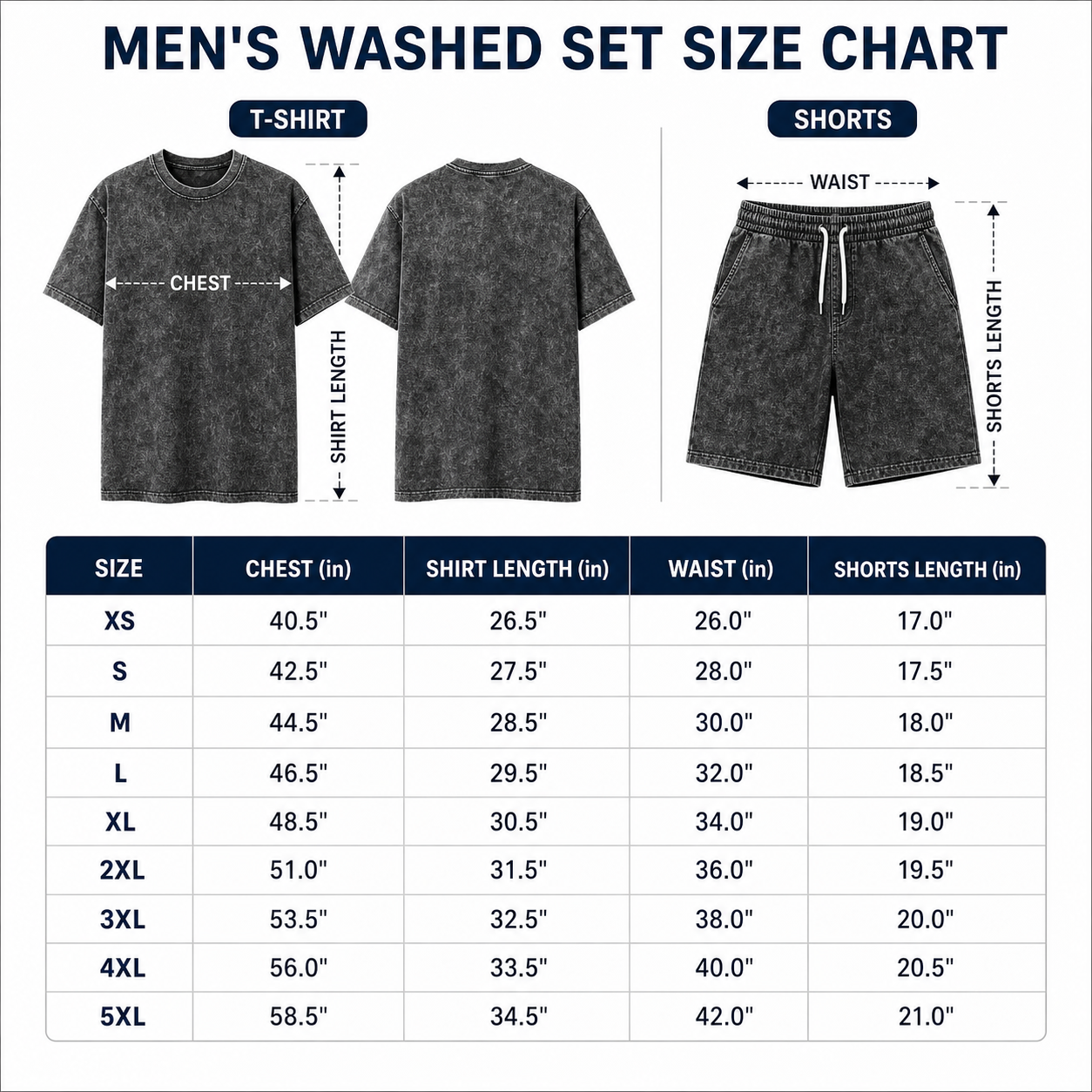 Men's washed tee and shorts set size chart