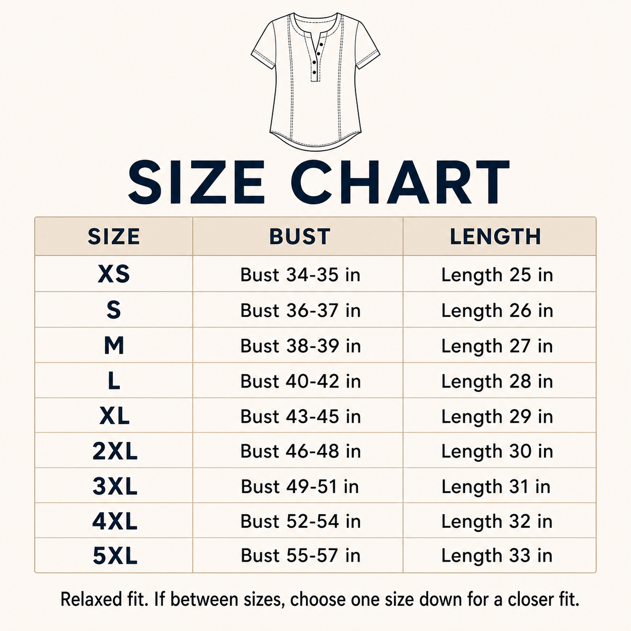 Women's contrast stitch Henley top size chart