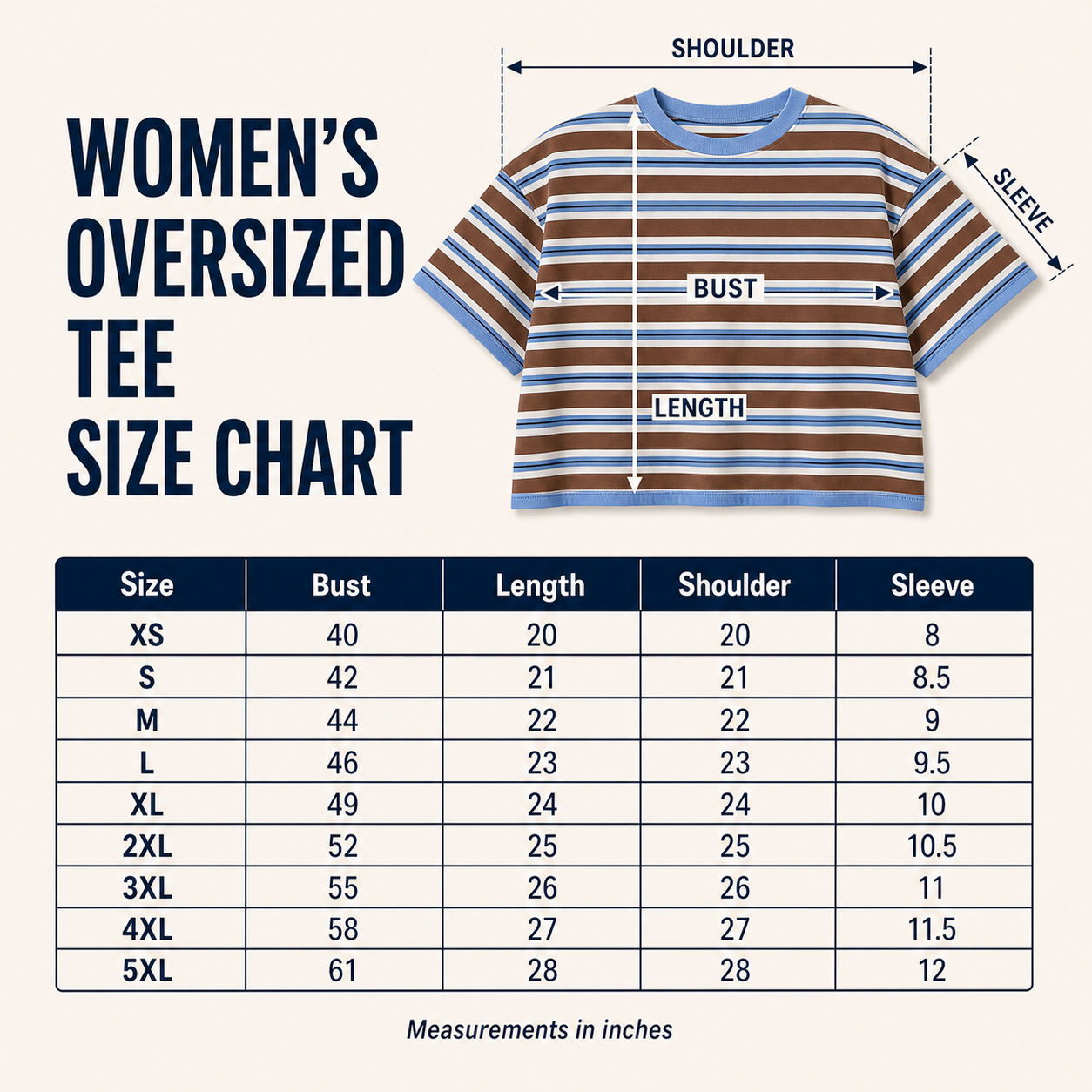 Women's striped oversized boxy tee size chart