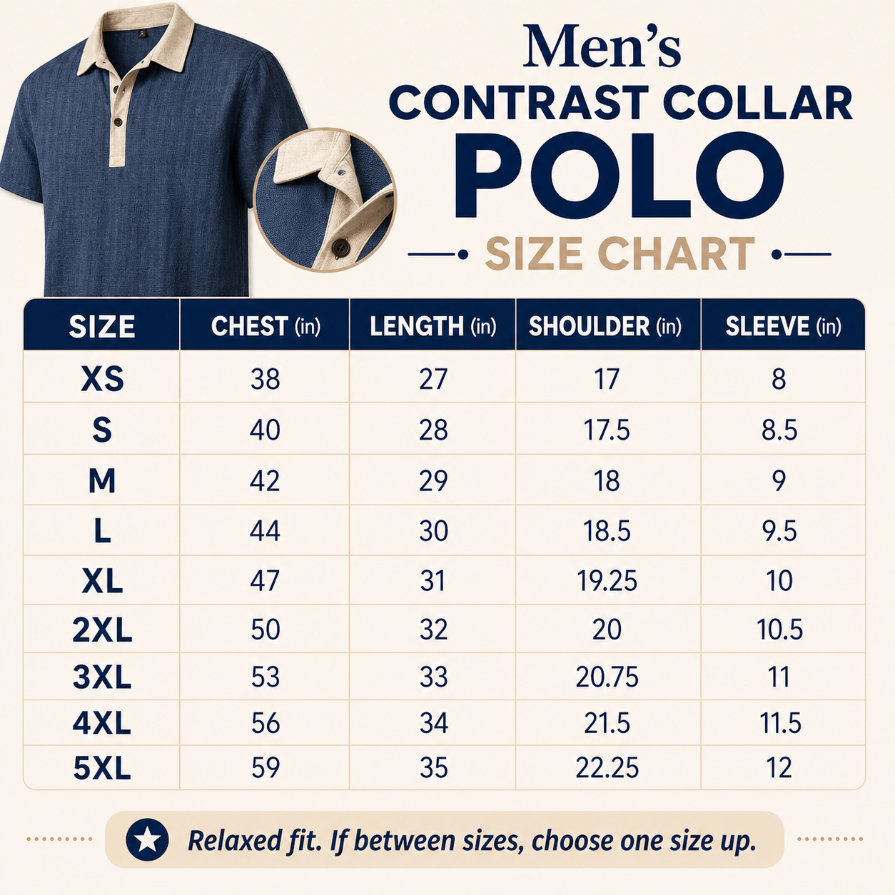 Men's contrast collar polo size chart