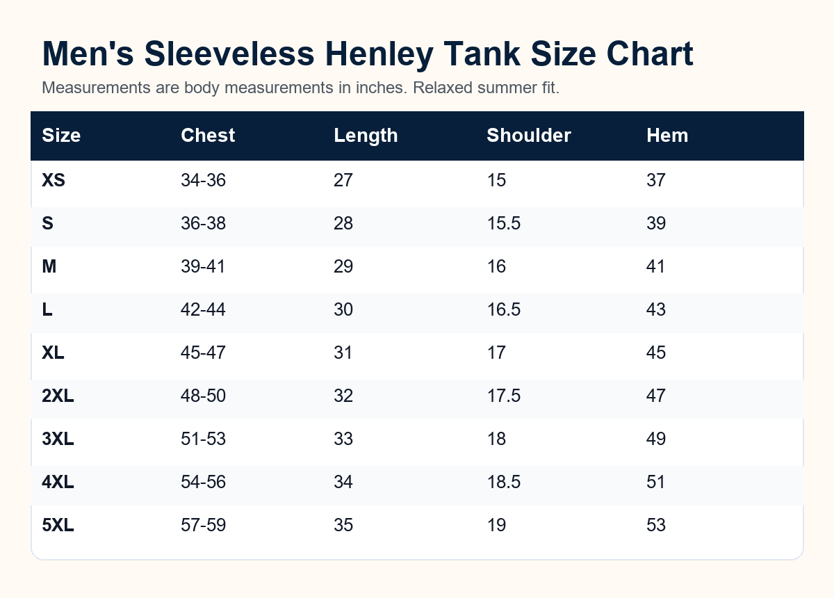 Men's sleeveless henley tank top size chart