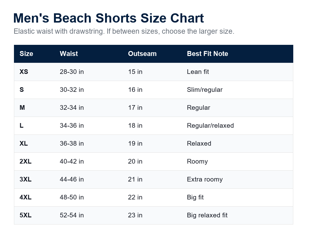 Men's novelty bird print beach shorts size chart