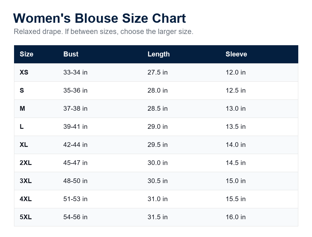 Women's roll tab tunic blouse size chart