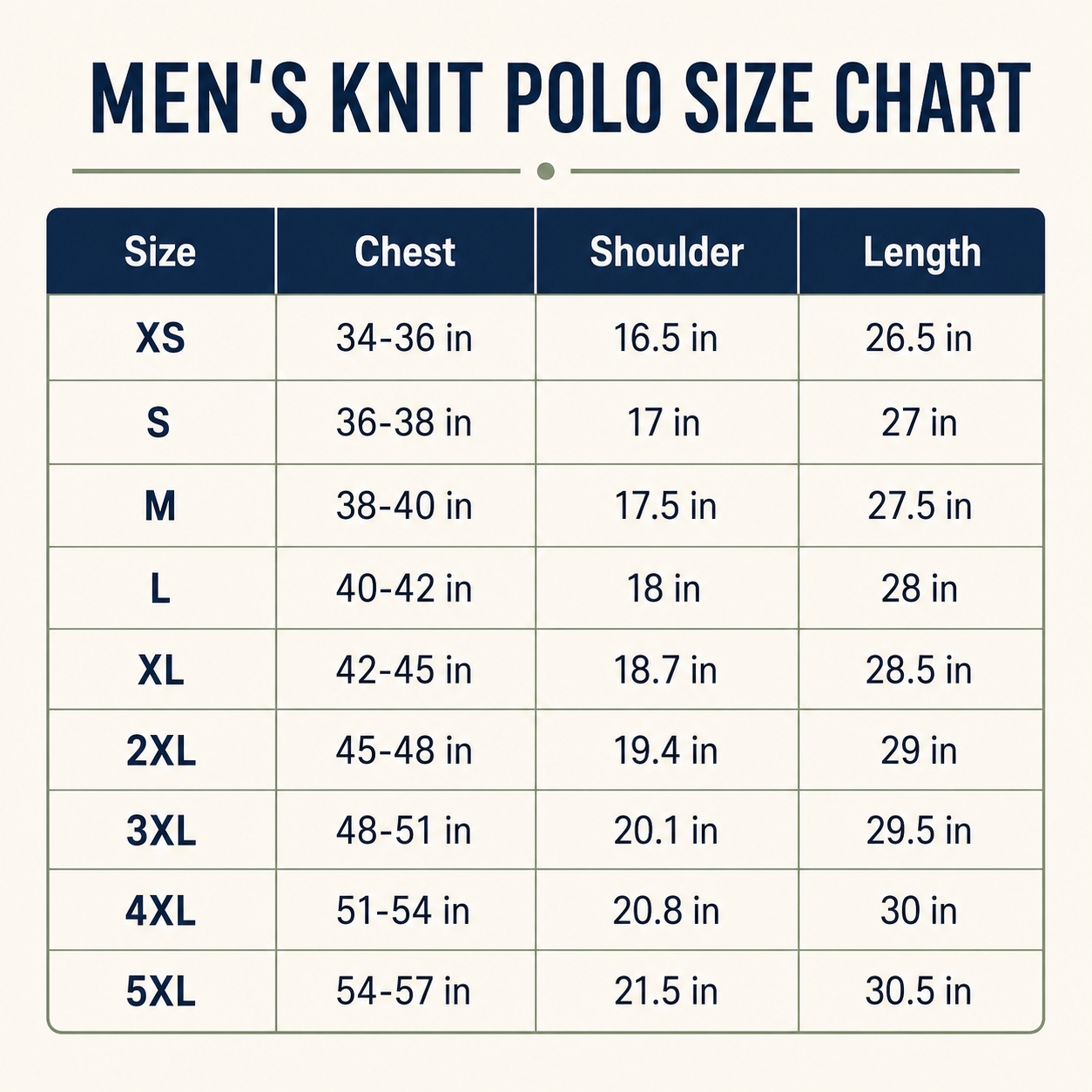 Men's Vertical Stripe Knit Polo Shirt size chart