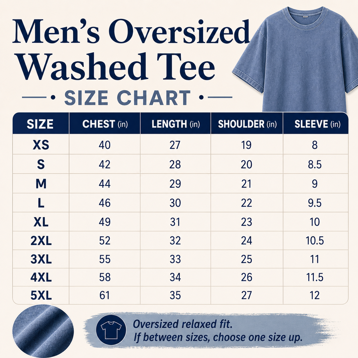 Men's oversized washed tee size chart