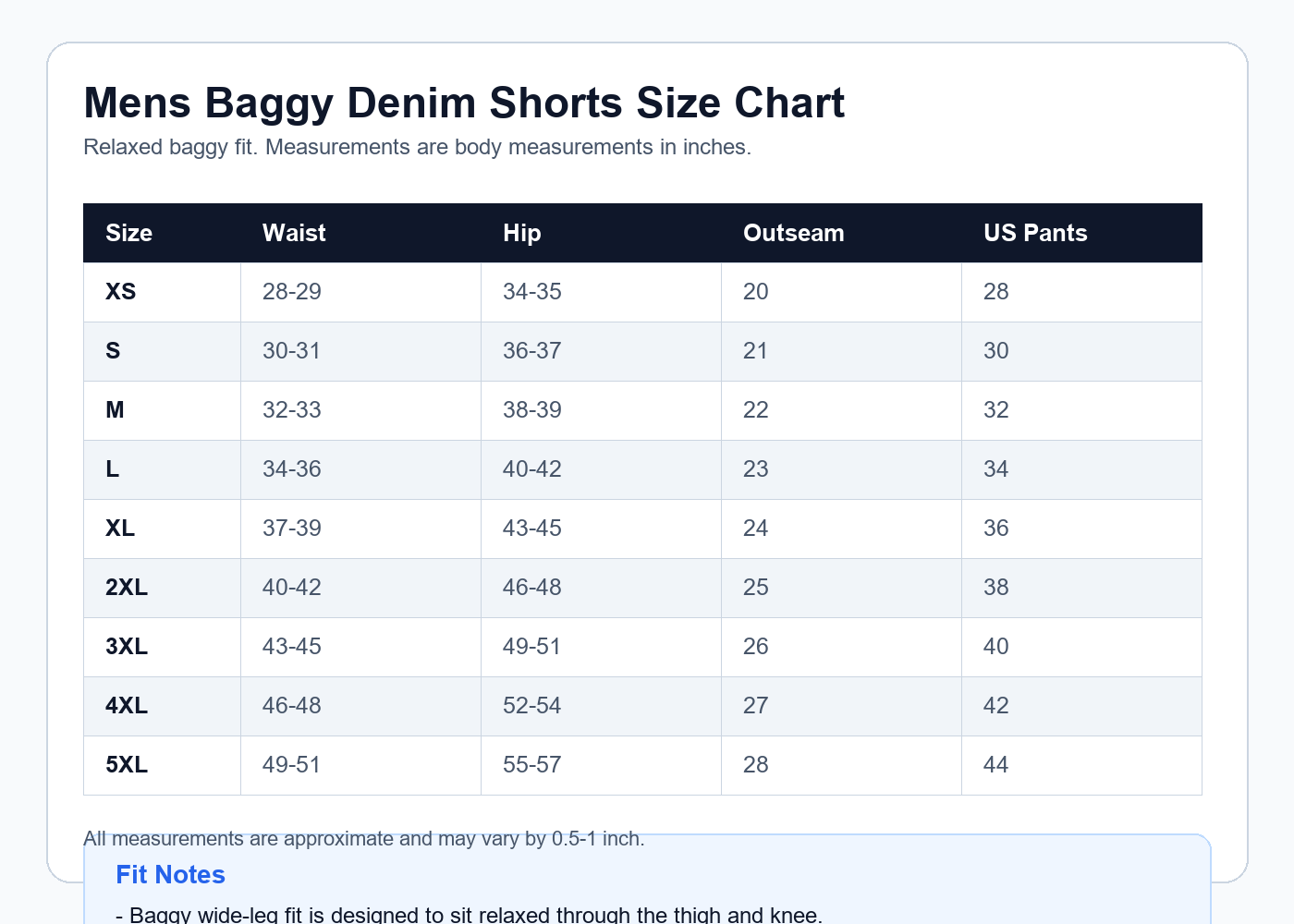 Men's baggy denim shorts size chart