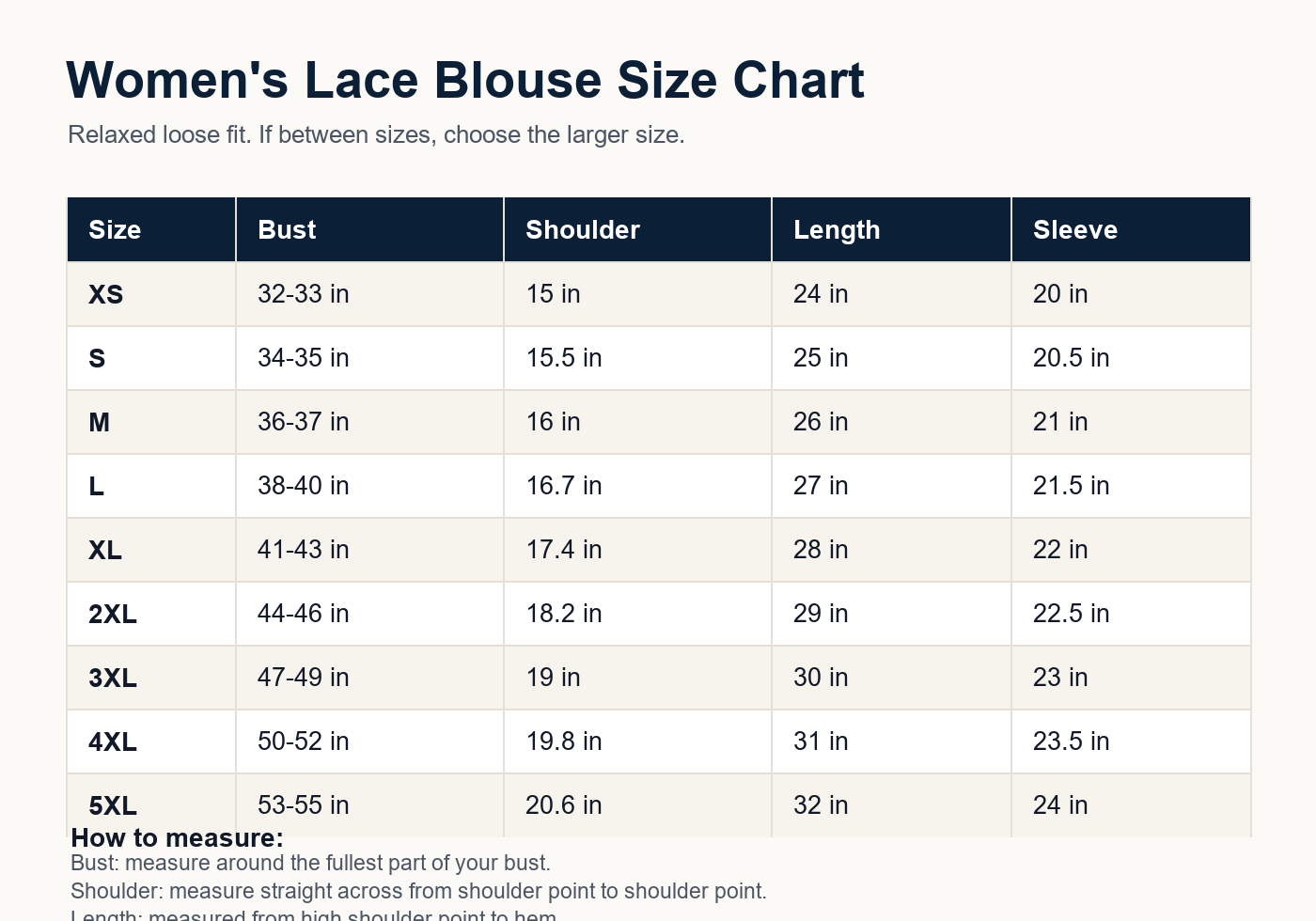 Women's lace trim button blouse size chart