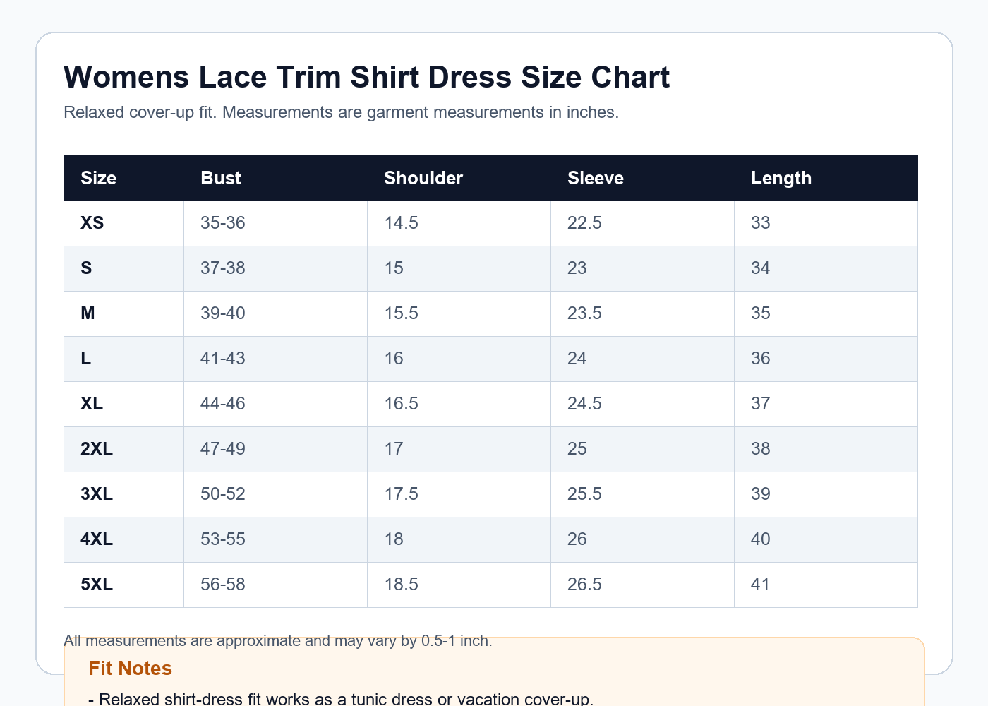Women's lace trim button shirt dress size chart