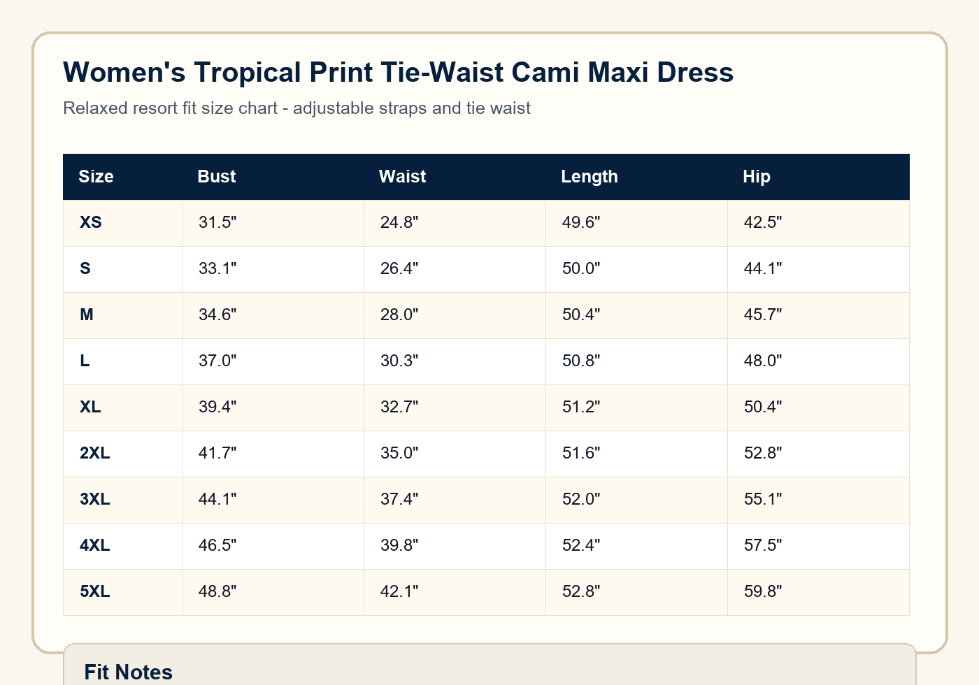 Women's tropical print cami maxi dress size chart