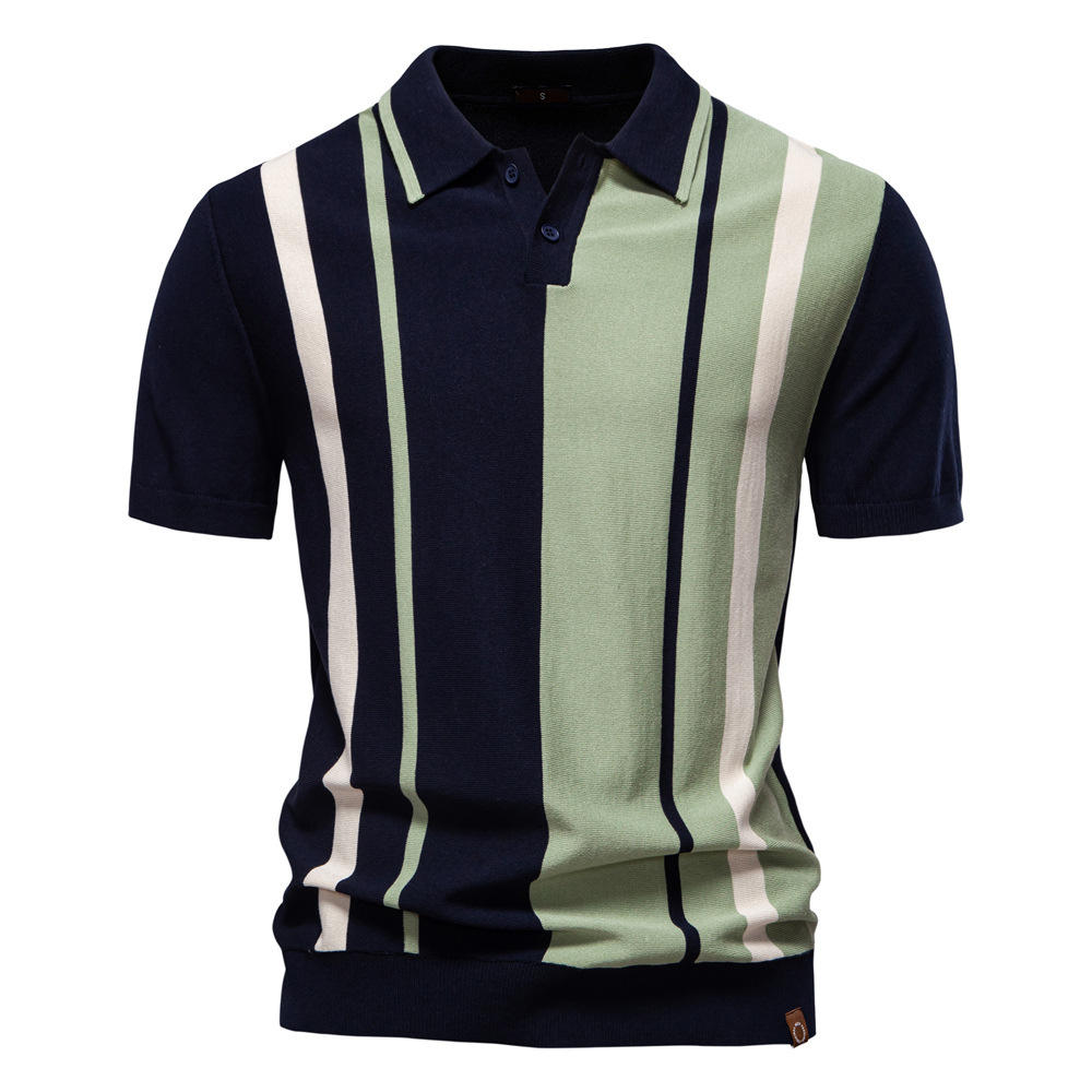 Men's vertical stripe knit polo shirt reference view