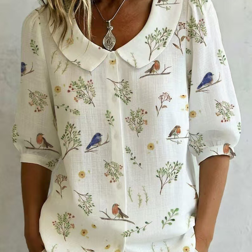 Women's bird botanical collar blouse reference view