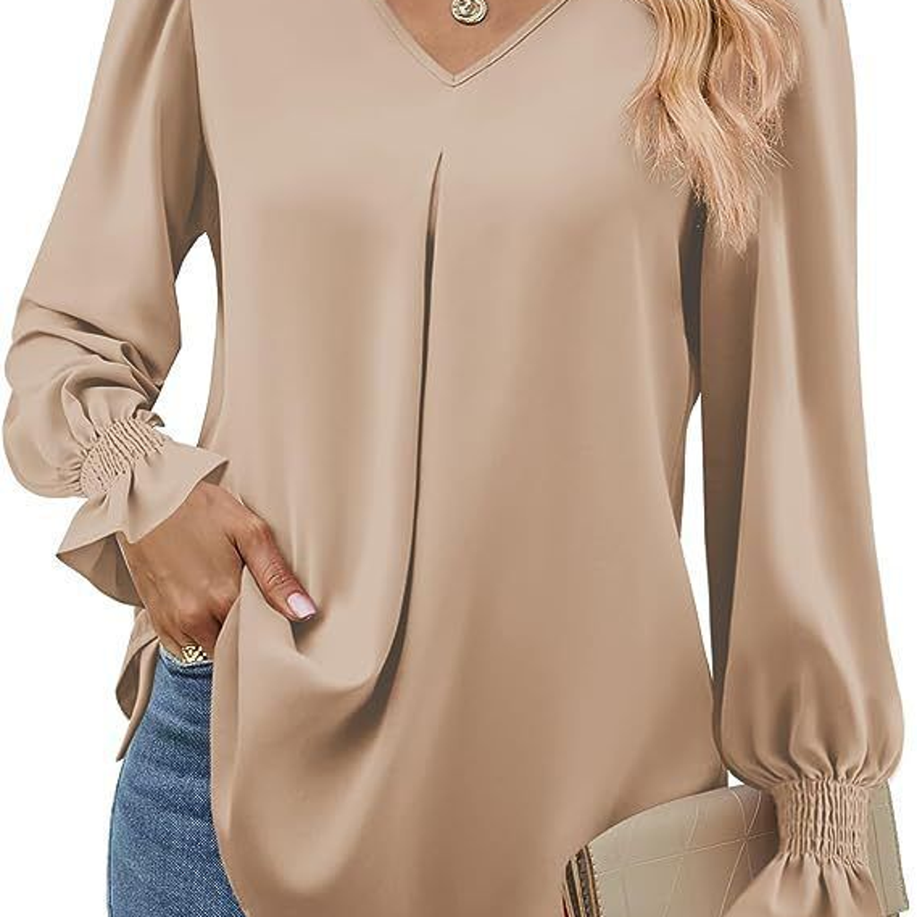 Women's V-neck pleated sleeve blouse reference view