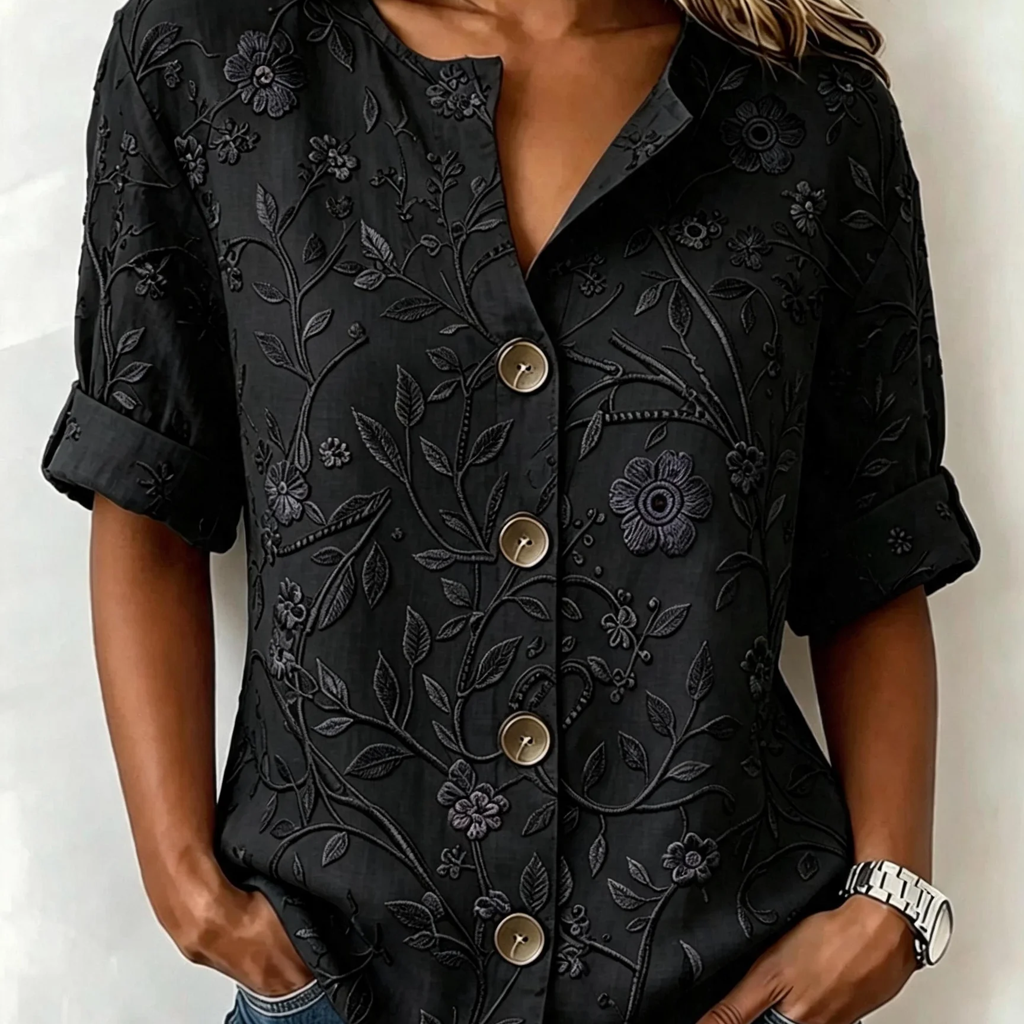 Women's embossed floral button shirt reference view