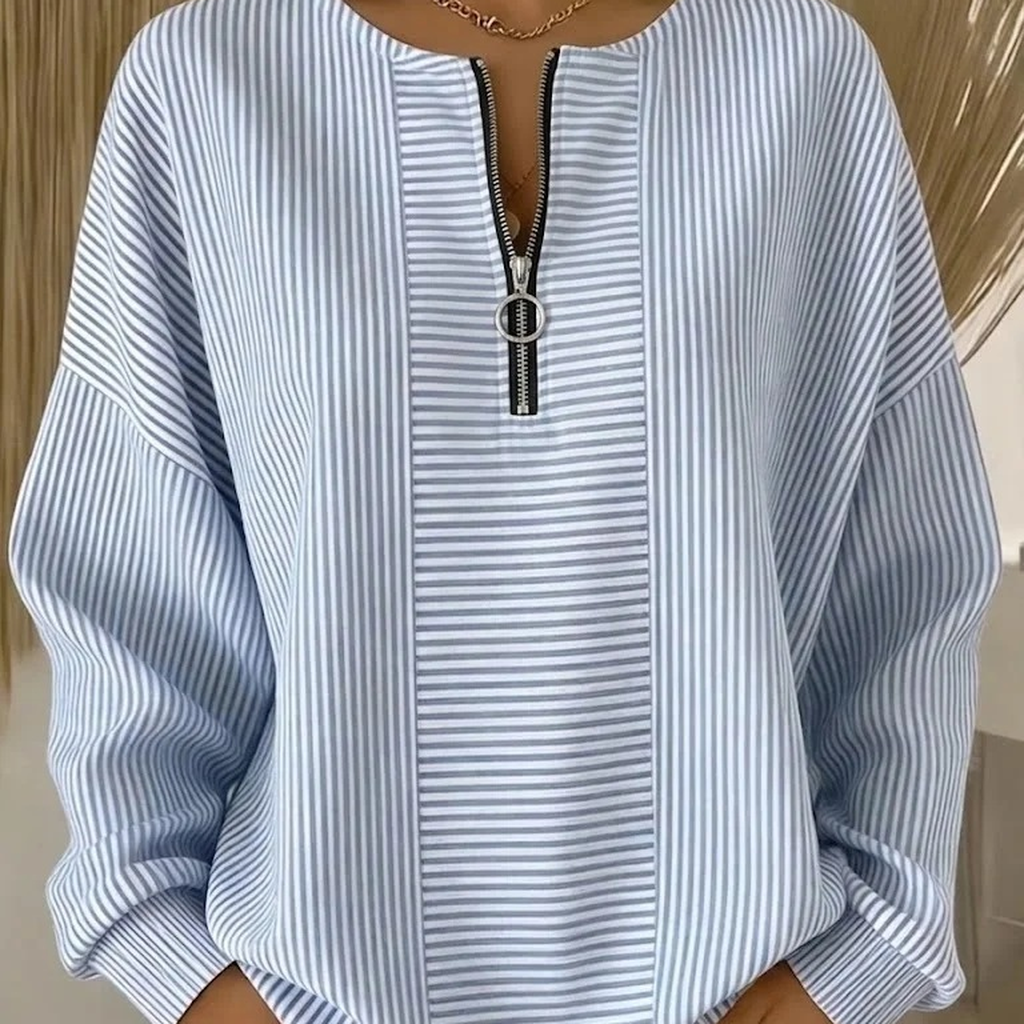 Women's striped zip-neck pullover reference view