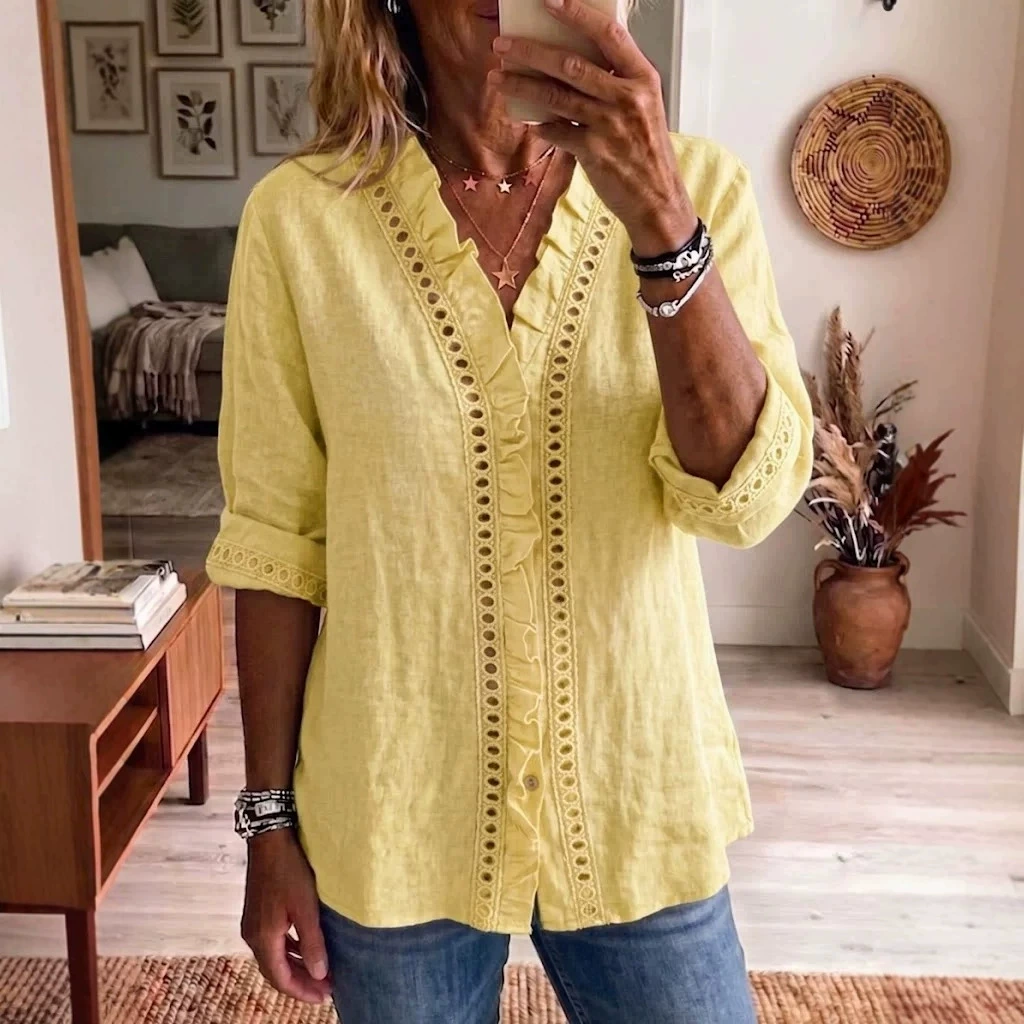 Women's linen lace ruffle V-neck blouse reference view