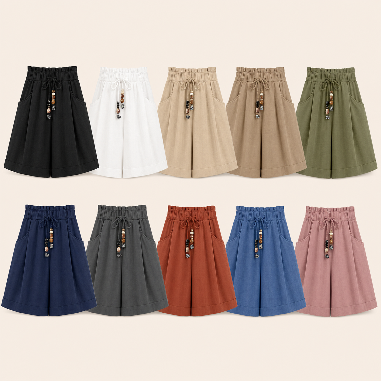 Ten color lineup women's beaded drawstring wide-leg shorts