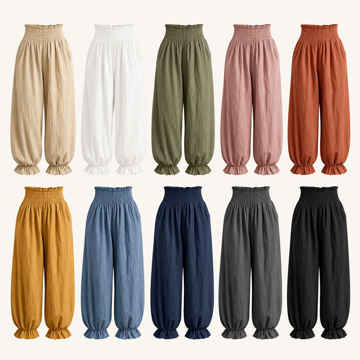 Ten color lineup women's smocked waist ruffle hem harem pants