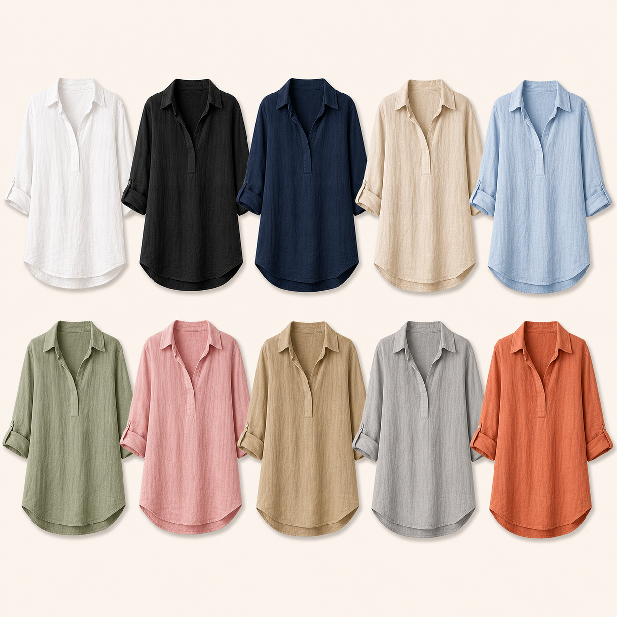 Ten color lineup women's linen roll-sleeve tunic shirts