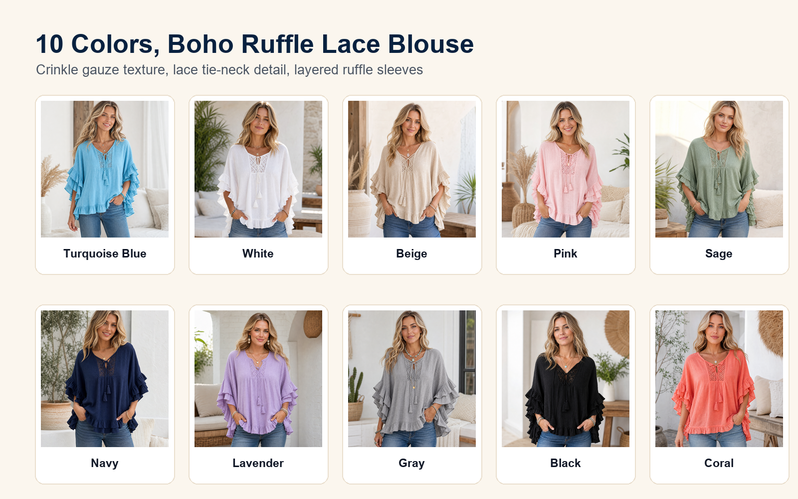 Ten color lineup women's boho ruffle lace tie neck blouse