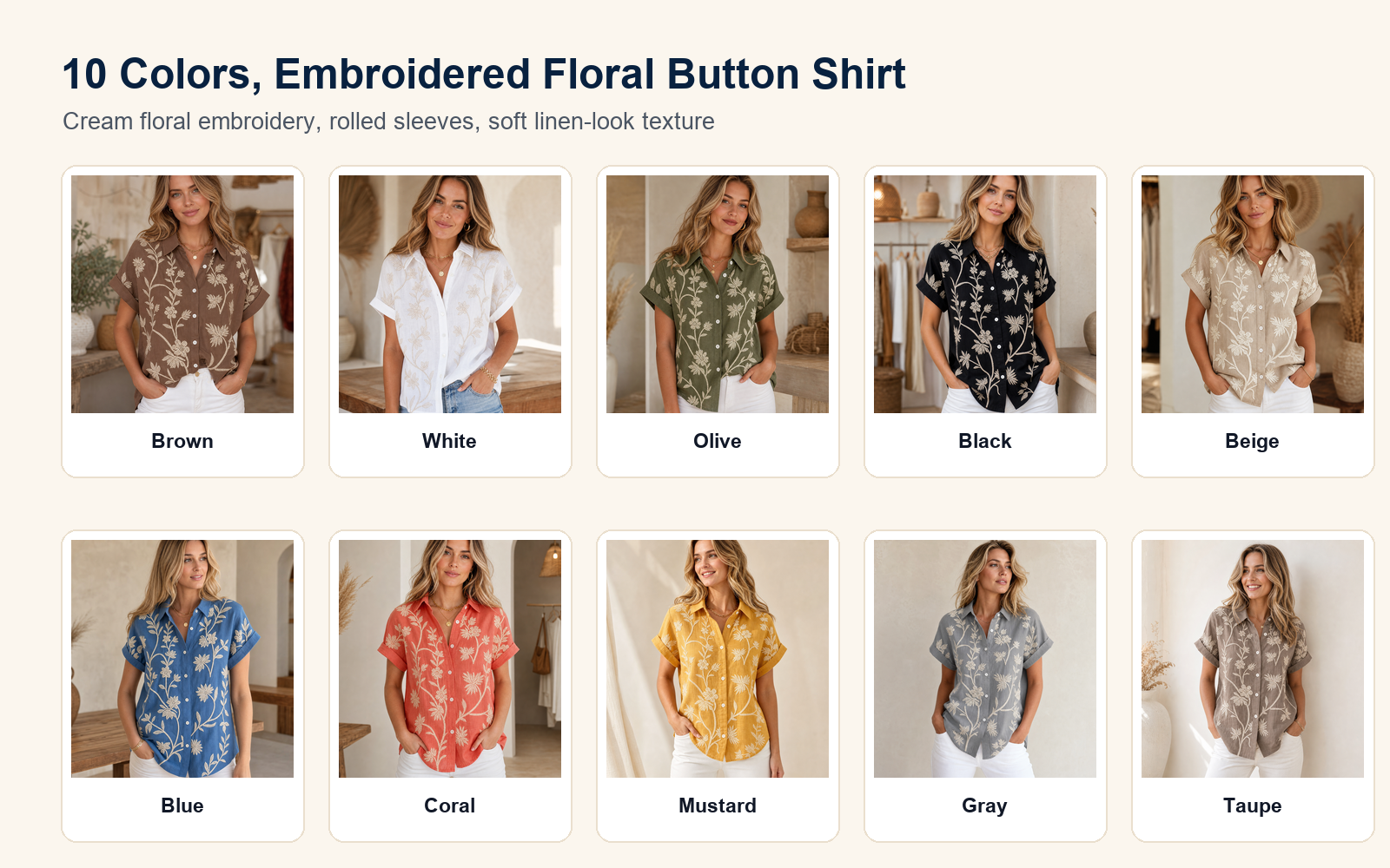 Ten color lineup women's embroidered floral button shirt