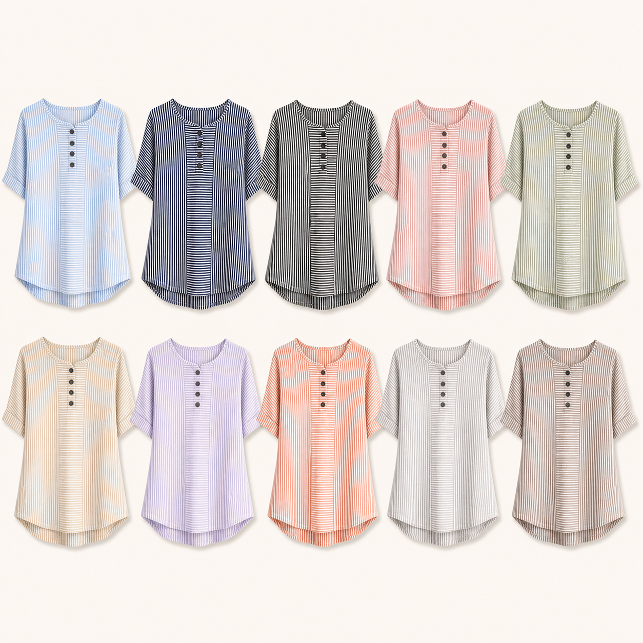 Ten color lineup women's striped button henley top