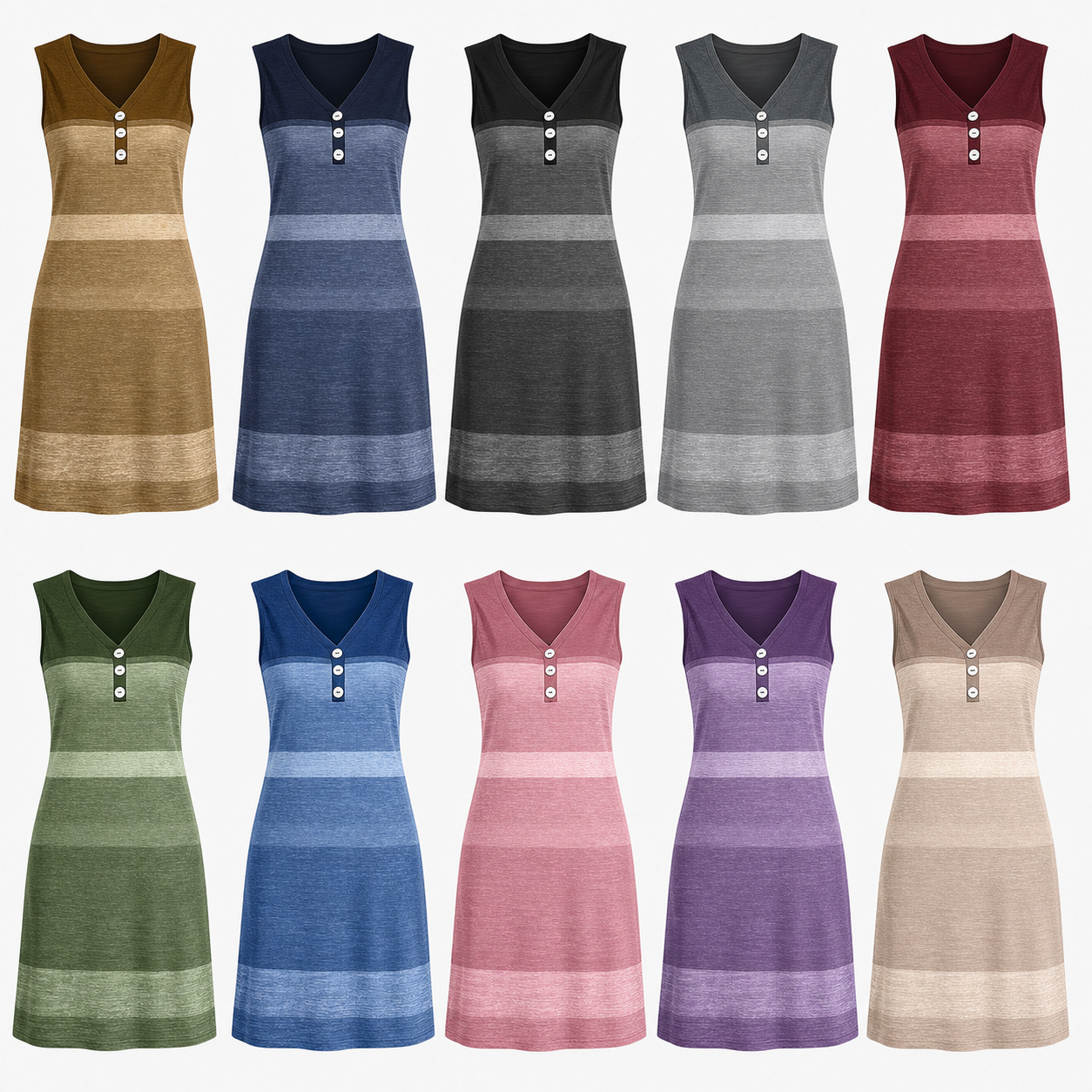 Ten color lineup women's sleeveless colorblock V-neck button dress