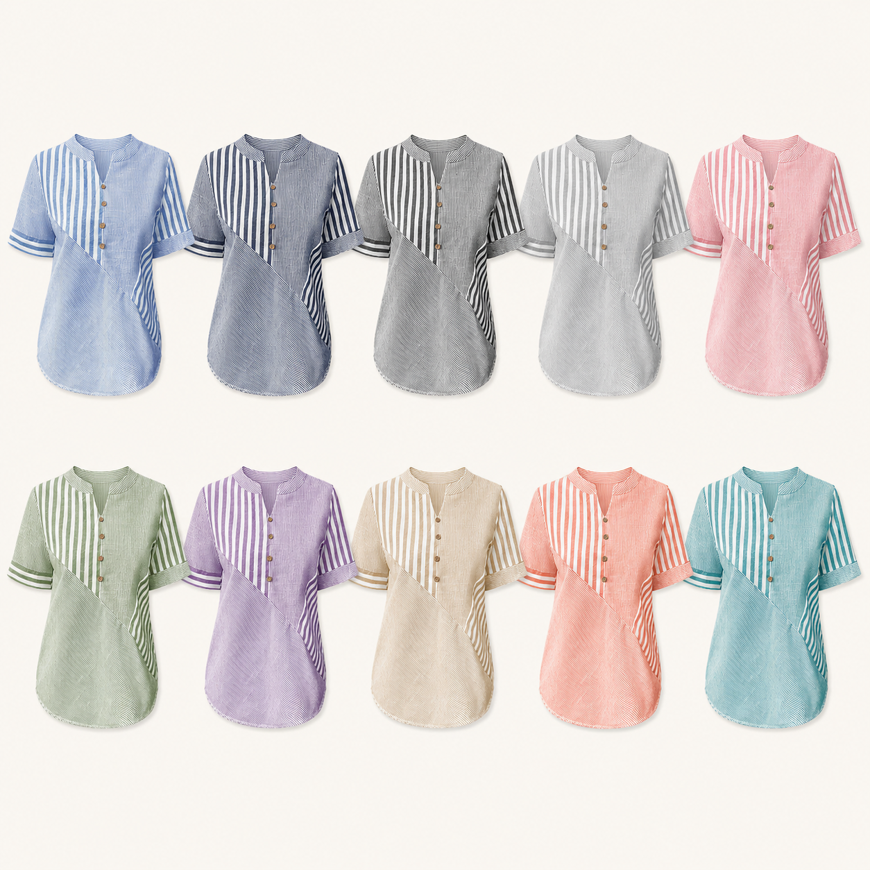 Ten color lineup women's striped patchwork button blouse
