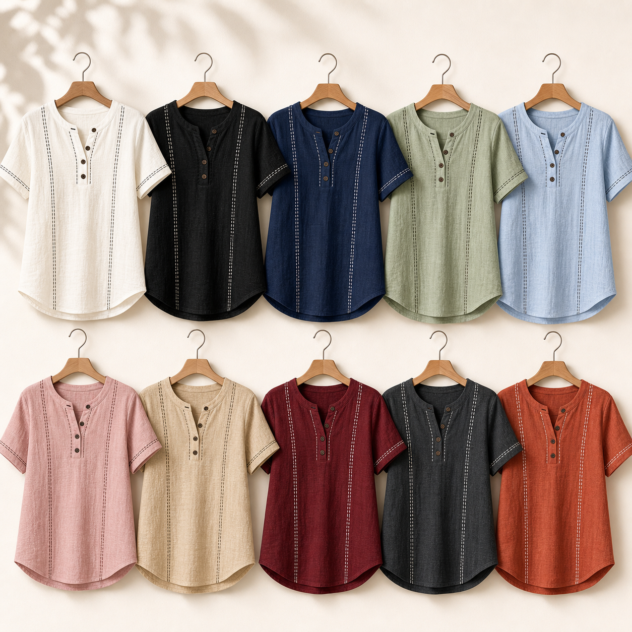 Ten color lineup women's contrast stitch Henley tops