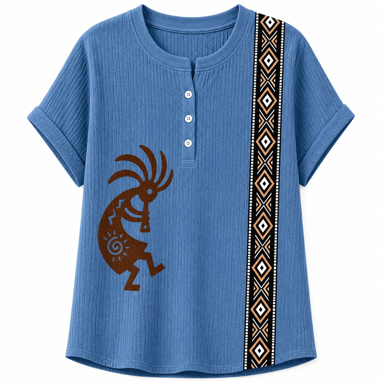Women's Southwest Kokopelli henley top - variant denim blue