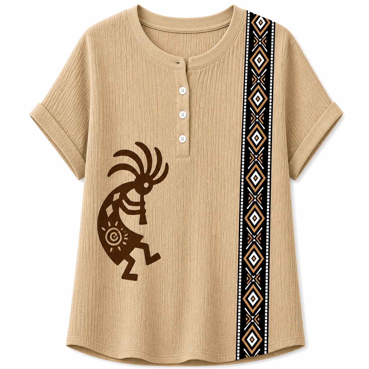 Women's Southwest Kokopelli henley top - variant tan