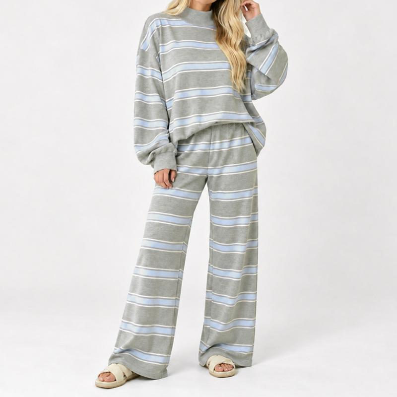 Women's Striped Print 2 Piece Set, Mock Neck Long Sleeve Oversized Pullover & Wide Leg Pants