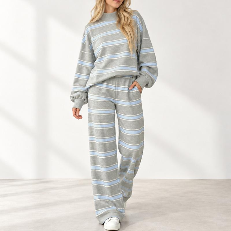 Women's Striped Print 2 Piece Set, Mock Neck Long Sleeve Oversized Pullover & Wide Leg Pants