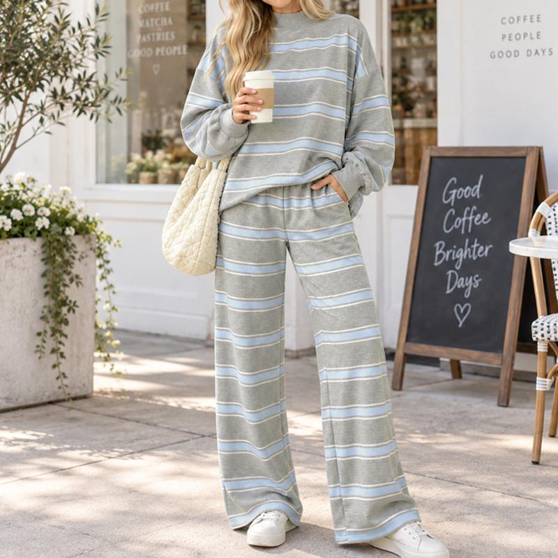 Women's Striped Print 2 Piece Set, Mock Neck Long Sleeve Oversized Pullover & Wide Leg Pants