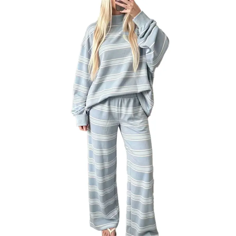 Women's Striped Print 2 Piece Set, Mock Neck Long Sleeve Oversized Pullover & Wide Leg Pants