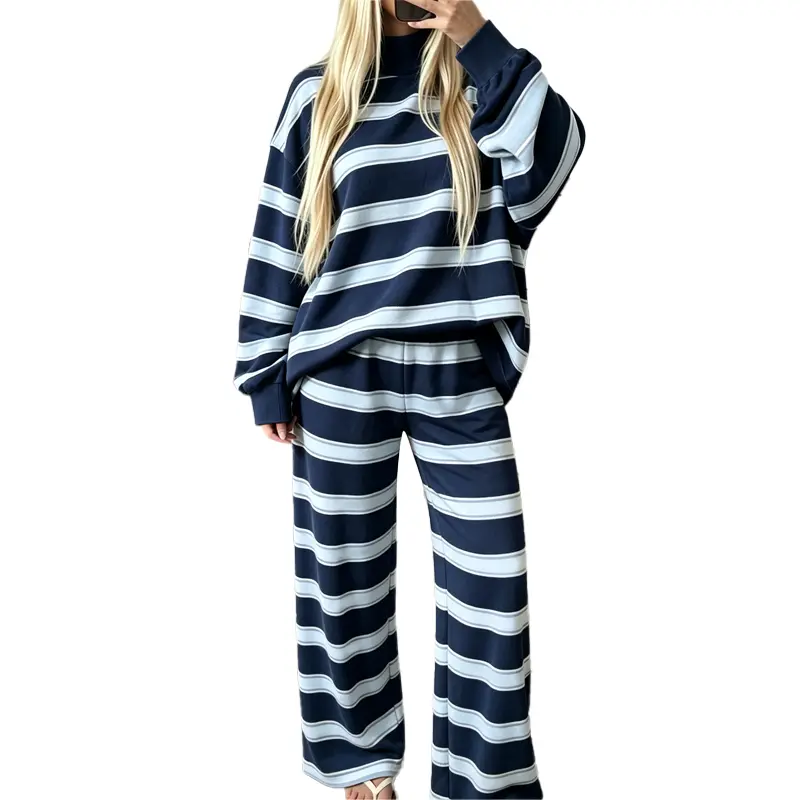 Women's Striped Print 2 Piece Set, Mock Neck Long Sleeve Oversized Pullover & Wide Leg Pants