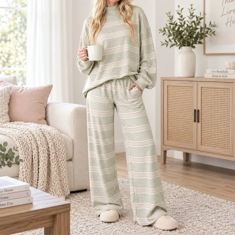 Women's Striped Print 2 Piece Set, Mock Neck Long Sleeve Oversized Pullover & Wide Leg Pants, Casual Relaxed Matching Outfit for Home, Travel, Daily Wear, Fall Winter