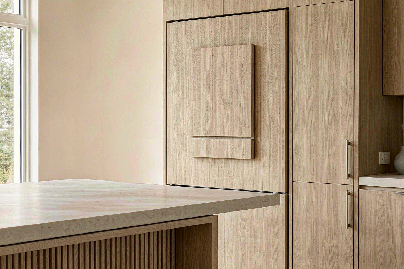 Integrated built-in refrigerator in oak cabinetry