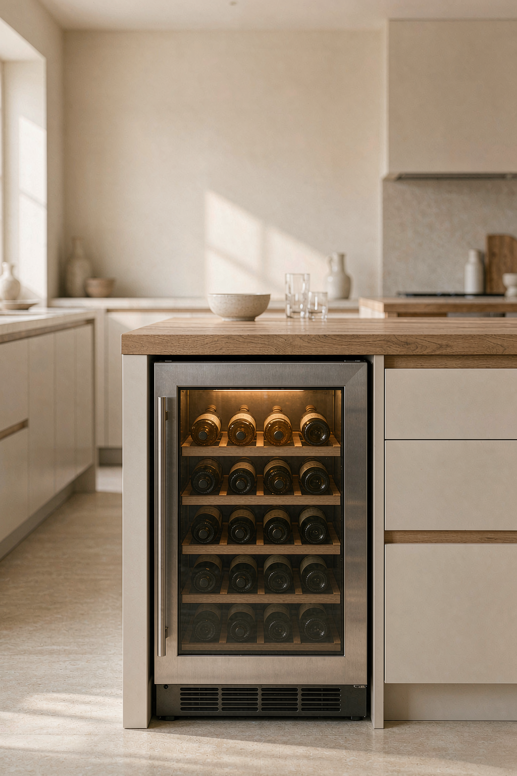 Built-in wine cooler in a warm minimalist kitchen
