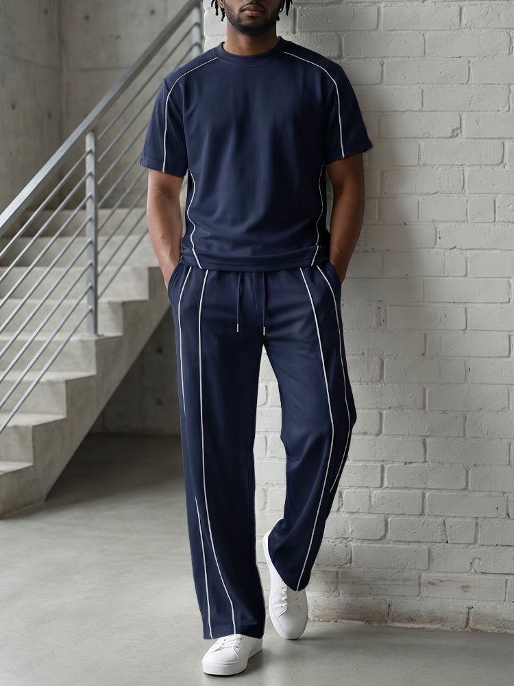 Urban Casual Contrast Piping T-Shirt Set