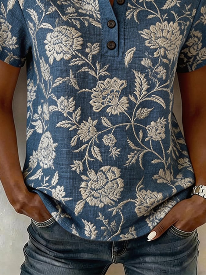 Women's Casual V-neck Printed Short-sleeved Top