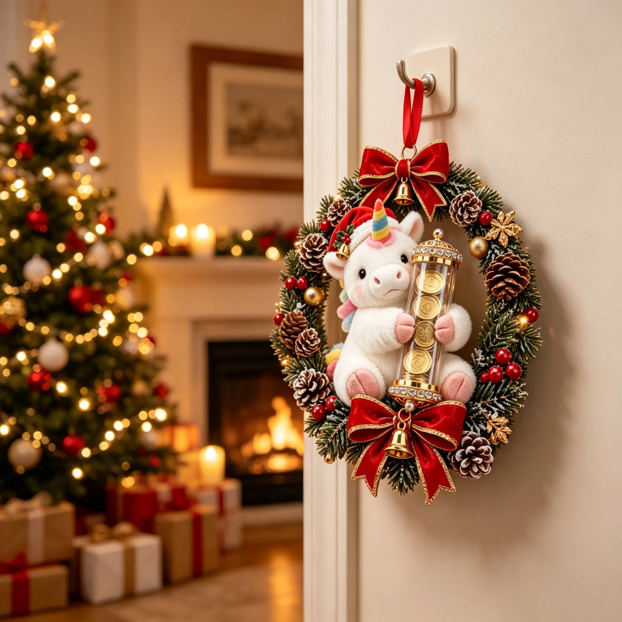 Unicorn money plush ornament hanging on a wreath in a cozy American living room with Christmas tree